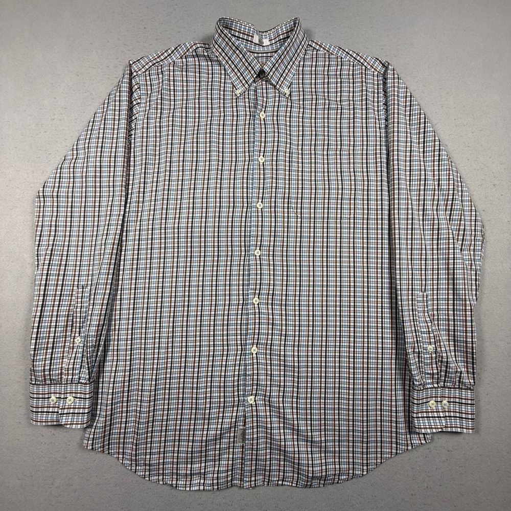 Peter Millar Mens Plaid Button Down Shirt Brown Blue White Long Sleeve Cotton‎ L